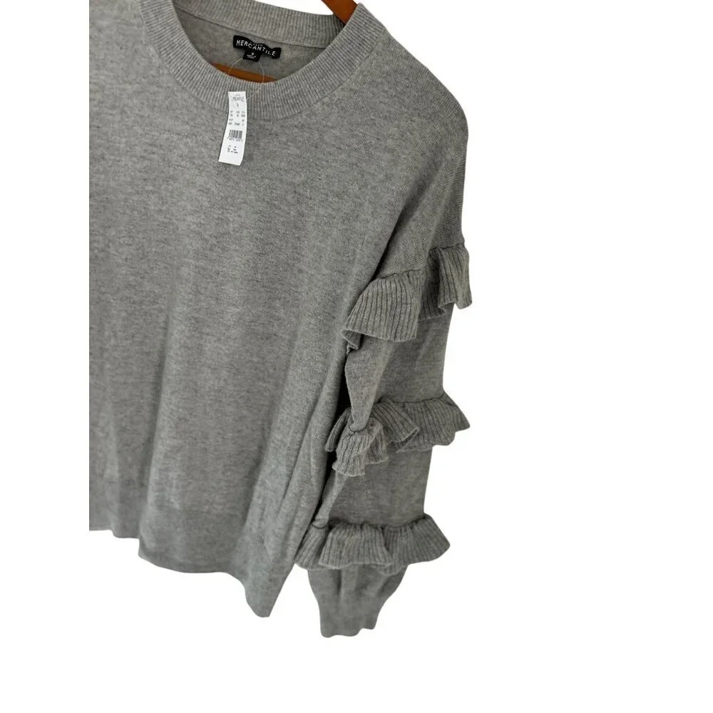 New! J.CREW Crewneck Ruffled Sleeves Gray Size Small